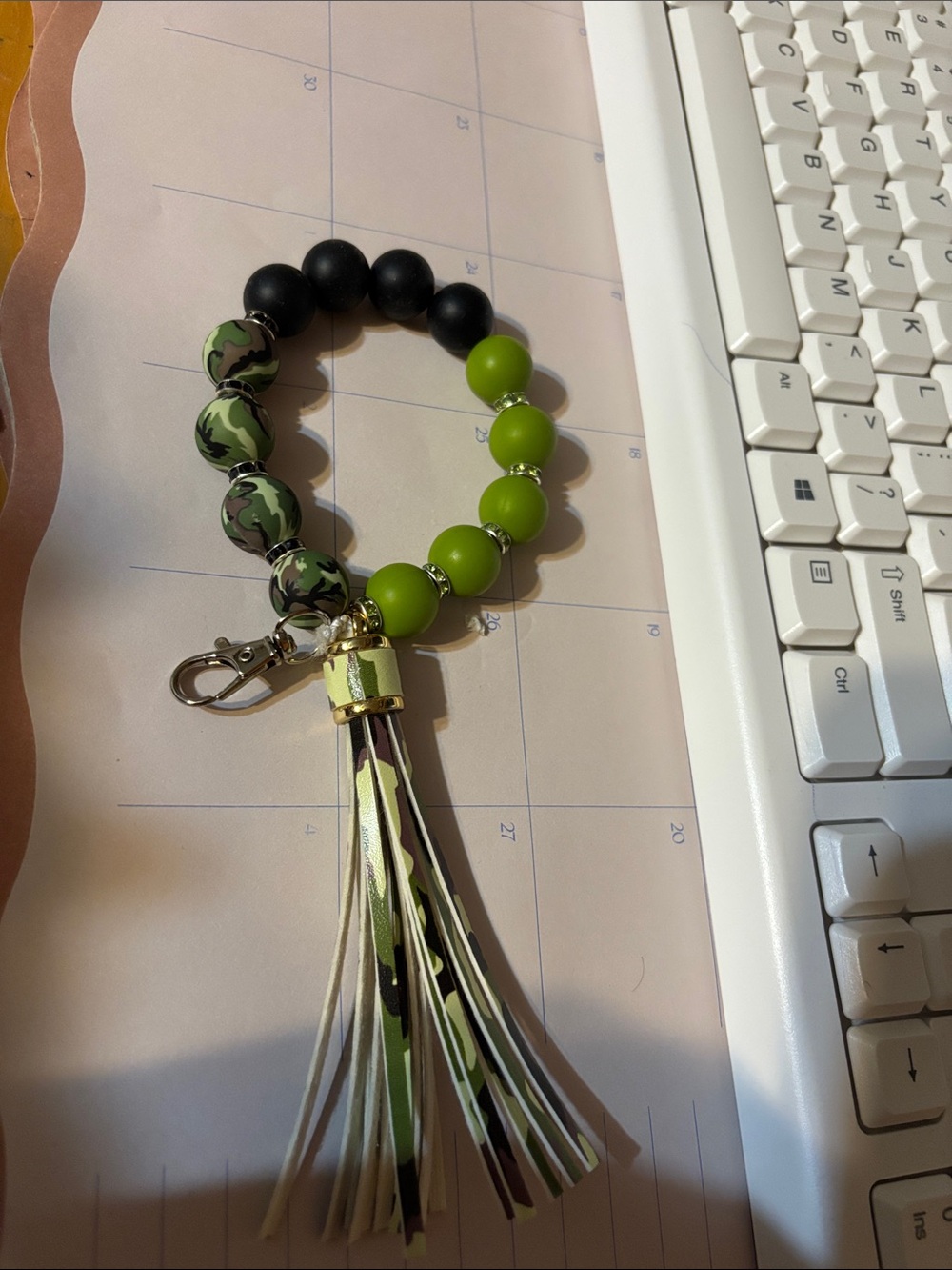 Green Camo Beaded Tassel Keychain Bracelet